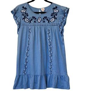 Keep In Touch Boho Style Blue Blouse W/Blue & White Embroidered Trim-EUC -Size L